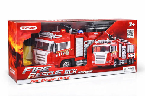 RC Rescue Fire Engine Toy Truck With Lights And Sounds in retail packaging, includes Real Working Water Cannon Pump That Sprays 10 Feet