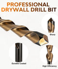 Rugged M2 Steel Drywall Router Bits Twenty Piece Set One Quarter Inch Shank Spiral Saw Ready Heavy Gauge Guide Point drill bit close-up showing sharp edge and durable coating.