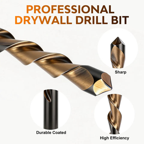 Rugged M2 Steel Drywall Router Bits Twenty Piece Set One Quarter Inch Shank Spiral Saw Ready Heavy Gauge Guide Point drill bit close-up showing sharp edge and durable coating.