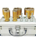 Dry And Wet Diamond Hole Saw Set, 5-Piece Core Drill Bit Kit For Ceramic Tile Marble Brick Granite, For Use With Angle Grinder, 25 35 40 50 60 Mm Holes, Vacuum Brazed, Includes Easy Carry Storage Box displayed on metal carrying case.