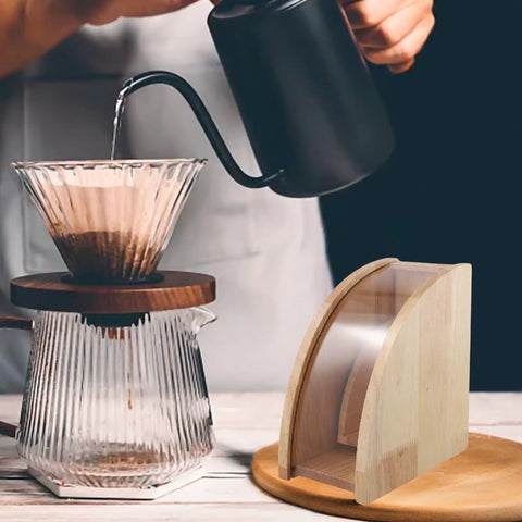Sweet Wooden Coffee Filter Holder Box Fan Design Compact Countertop Storage Organizer For Hand Drip Brewing, placed beside pour over setup.