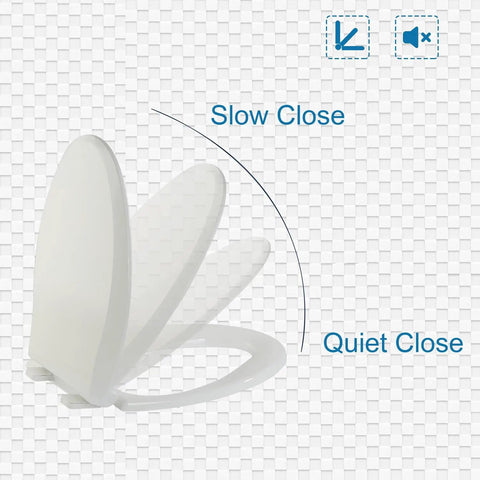 Premium White Elongated Toilet Seat Featuring Silent Slow Close Hinges Crafted From Tough Polypropylene showing slow close mechanism.
