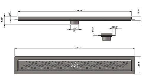 Premium Heavy Duty Stainless Steel Linear Shower Drain Featuring A Badass Ocean Wave Design With Built In Hair Catcher For Quick Waterproof Install Top Shelf Fixtures dimensions diagram showing length and width measurements.