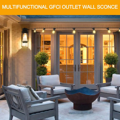 Outdoor patio with dusk to dawn outdoor light with GFCI outlet bubble glass exterior wall mount fixture illuminating seating area