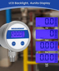 Budget Friendly Digital Pressure Gauge With 2.5 Inch Blue Backlit LCD 0 To 200 PSI All Stainless Steel Case One Quarter Inch NPT Connection One Percent Accuracy For Precise Readouts In Harsh Environments showing 200 PSI reading