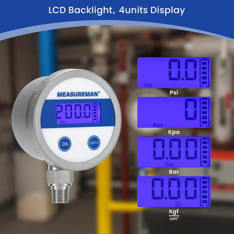 Budget Friendly Digital Pressure Gauge With 2.5 Inch Blue Backlit LCD 0 To 200 PSI All Stainless Steel Case One Quarter Inch NPT Connection One Percent Accuracy For Precise Readouts In Harsh Environments showing 200 PSI reading