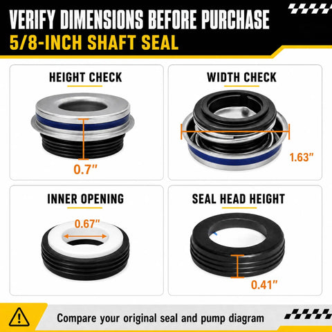 PS 1000 Replacement Shaft Seal Kit For Pool And Spa Pumps Five Eighth Inch Mechanical Seal Fits 071734S U109 136SS Replaces Common Seals Includes Two Sets For DIY Friendly Maintenance dimensions chart