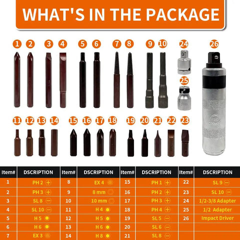 Image showing components of Impact Driver Set 26 Pcs With One Half And Three Eighths Drive Reversible Manual Extractor Kit S2 Steel Hex Phillips Slotted Bits.