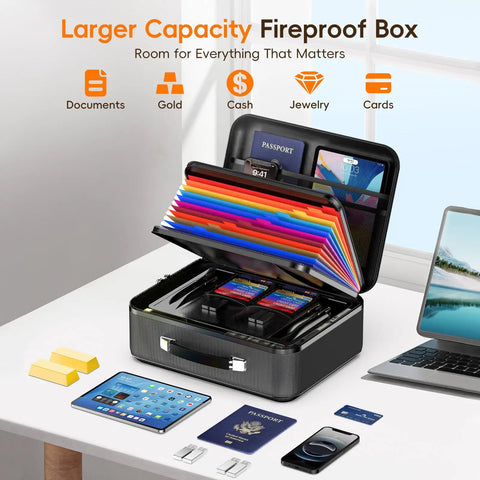 Fireproof Document Box With Lock, Waterproof Hard Shell Safe For Home Office, Portable File Organizer With Accordion Folder, Protects Your Docs, Laptop, Cash And Passports From Fire And Water showing its accordion folder and contents like passports and documents.
