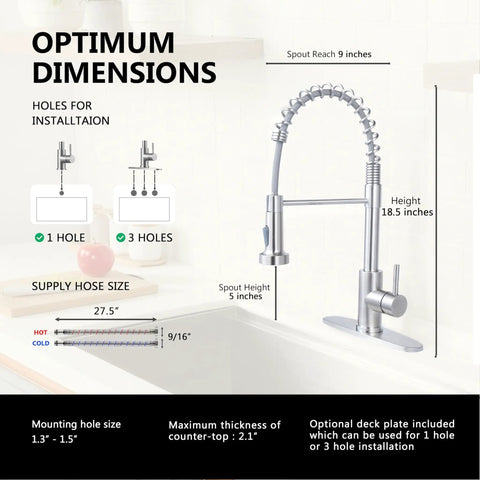 Rock Solid Brushed Nickel Kitchen Faucet With Pull Down Sprayer And 18.5 Inch High Arc Spout dimensions diagram for installation.