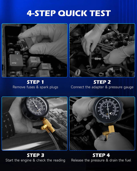 Orion Motor Tech fuel pressure test kit with 0-140 psi gauge, hoses and adapters; four-step setup