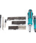 Go To Ratchet Tool Set With Chrome Wrenches Sockets And Screwdriver Bits Insulated Handle Polished Finish Includes Storage Box For Electrician Repair And Appliance Maintenance, displayed with various bits and sockets.