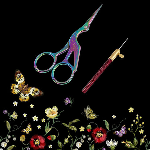 Colorful scissors and tambour hook kit with needle, butterflies, and floral embroidery design on black background.