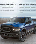 Blue Dodge Ram truck with Tailgate Spoiler Top Protector Cover Molding Cap, compatible models and part numbers displayed above.