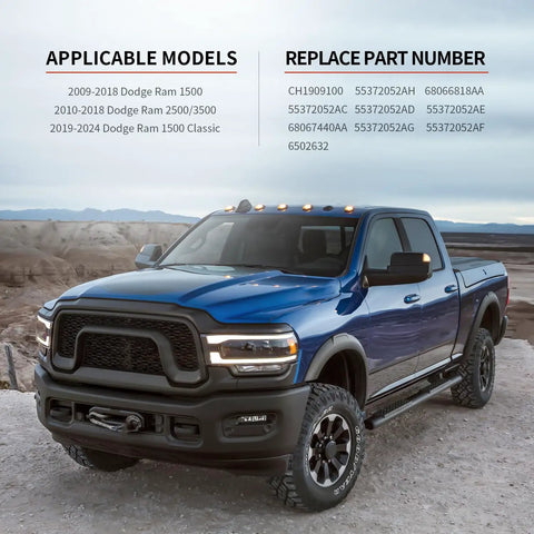 Blue Dodge Ram truck with Tailgate Spoiler Top Protector Cover Molding Cap, compatible models and part numbers displayed above.