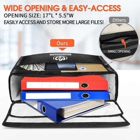 X-Large Thermal Insulated Fireproof Document Bag With Dual Pockets, 17x12x6 Inches, open with folders and cash inside