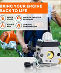 FS80R Carburetor Upgrade For STHIL String Trimmers And Hedge Tools Weedeater Ready, displayed with benefits text overlay.