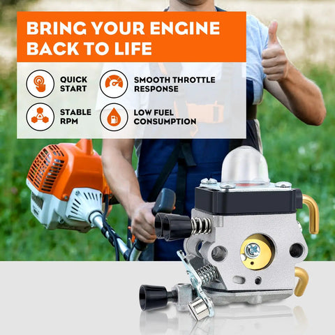 FS80R Carburetor Upgrade For STHIL String Trimmers And Hedge Tools Weedeater Ready, displayed with benefits text overlay.