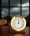 38mm Round Glass Analog Hygrometer With Probe For Humidors Guitars And Violins Mini Humidity Meter Must Have For Accurate Readings And Moisture Monitoring Of Instruments And Other Moisture Sensitive Gear, gold dial on stand