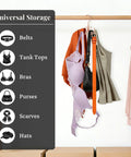 Rotating Rose Gold Closet Hangers For Bras Tanks Belt Ties 360 Degree Swivel Hook Multi Purpose Wardrobe Storage System with hats and scarves.