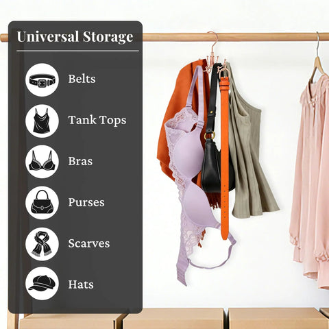 Rotating Rose Gold Closet Hangers For Bras Tanks Belt Ties 360 Degree Swivel Hook Multi Purpose Wardrobe Storage System with hats and scarves.