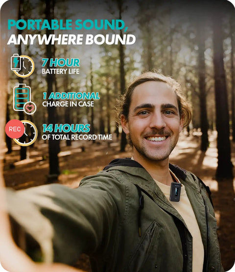Person outdoors using WMX-2 Wireless Camera Microphone With Charging Case for DSLR, Vlogging and Content Creation, Lavalier Lapel Mic System with 2.4GHz Auto-Pair Receiver for Smooth, Pro-Grade Audio On The Go.