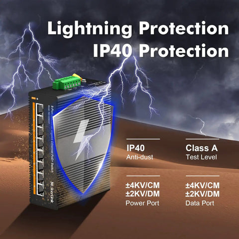 Industrial Din Rail 8 Port Poe Gigabit Ethernet Switch with IP40 protection and lightning defense features.