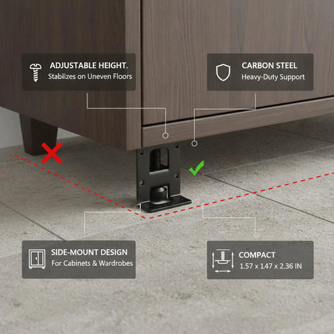 Image of wardrobe and cabinet leveling feet adjustable carbon steel side mount legs for uneven floors height adjustment.