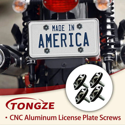 Top Shelf M6 License Plate Screws 12 Piece Kit Slick Black CNC Machined Aluminum Alloy Car Truck Motorcycle mounted on bike.