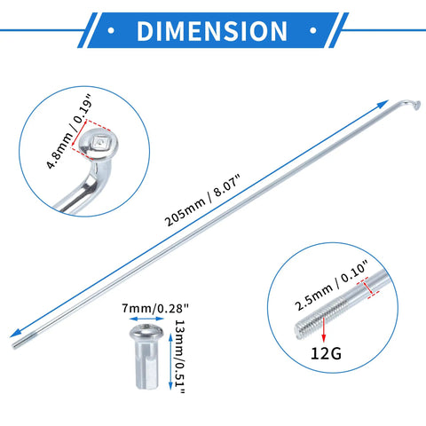 Dimensions of 12G 205mm Bicycle Spokes Set For All Wheel Types Ride Ready Universal Carbon Steel Galvanized Spokes With Silver Nipples