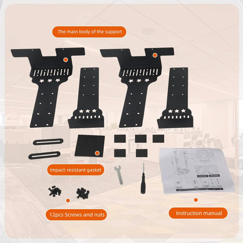 Hella Sturdy Under Desk Computer Mount parts including steel brackets, screws, gasket, and instruction manual.