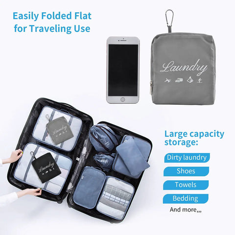 2 Pack Travel Laundry Bags With Handles And Aluminum Carabiner Dirty Clothes Organizer in suitcase next to smartphone