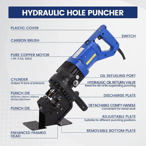 Heavy Duty 1300W Electric Hydraulic Hole Puncher With No Sweat Ten Ton Power And Pro Grade Die Set For Angle Iron Channel Steel Works Like A Champ On Any Shop Floor Or Jobsite Project Today