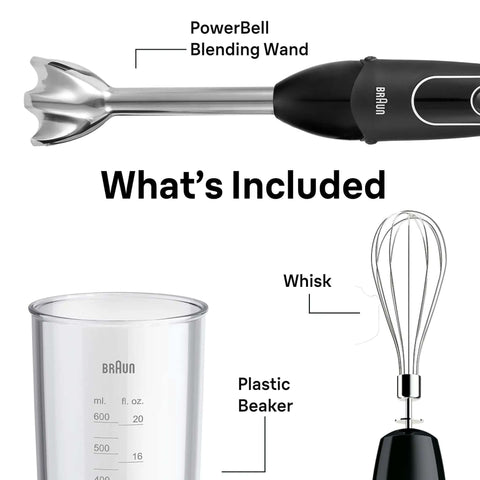 Game Changer 350 Watt Hand Blender With Beaker And Whisk Attachment showing blending wand, plastic beaker, and whisk.