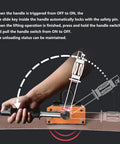 Heavy Duty Permanent Magnetic Lifter With 2200 Lb Capacity Built Dang Tough For Crushing Steel Plates And Round Bars Industrial Hoist Magnet With Rust Resistant Finish And Secure Grip Handle in use with handle being activated.