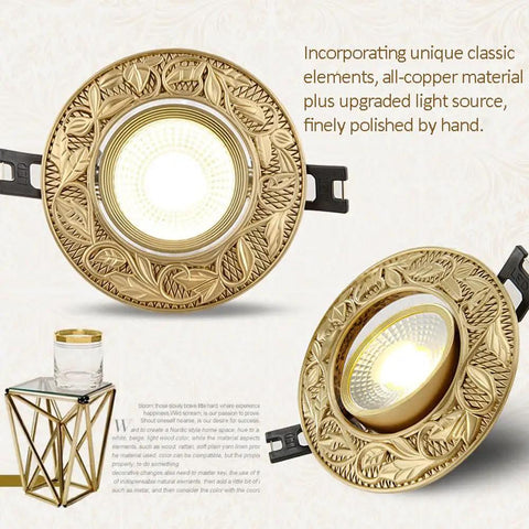 Set Of 12 Top Shelf Brass Recessed Downlights 3.8 Inch Dimmable Cob LED Directional Can Lights with unique embossed design.