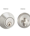 Single Cylinder Deadbolt For Entry Doors In Satin Nickel Finish With Adjustable Backset, showing exterior and interior view.