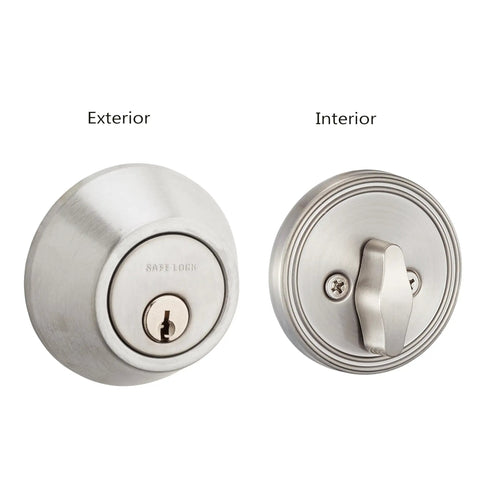 Single Cylinder Deadbolt For Entry Doors In Satin Nickel Finish With Adjustable Backset, showing exterior and interior view.