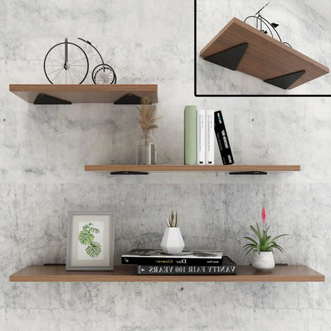 Flat Out Heavy Duty Hidden Metal Shelf Brackets Built Like A Boss For Rock Solid Wall Mounted Storage, Rust Proof Steel Triangle Supports Black 11 Inch 2 Pack with wooden shelves.