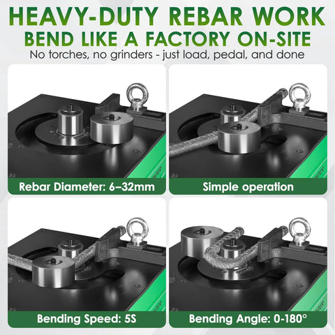 Heavy-duty Electric Rebar Bender with Hydraulic Foot Pedal for 6-32mm bars, showcasing bending speed and angles.