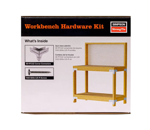 Box of Beefed Up Heavy Duty Workbench And Shelving Hardware Kit Two Pack With RTC2Z Connectors showing contents and workbench graphic