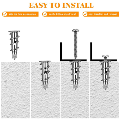 Diagram showing installation of Bulk 400 Piece Zinc Self Drilling Drywall Anchors And Screws Kit with step-by-step process.