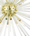 Straight Up 16 Light Satin Brass Foyer Pendant Chandelier With Real Clear Crystal Rods Built Different For Grand Entries And Modern Homes Damp Rated, close-up view showcasing crystal rods and brass accents.