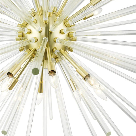 Straight Up 16 Light Satin Brass Foyer Pendant Chandelier With Real Clear Crystal Rods Built Different For Grand Entries And Modern Homes Damp Rated, close-up view showcasing crystal rods and brass accents.