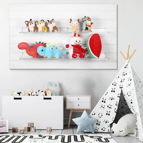 Four Pack Slatwall Shelves 14.5 By 5.9 Inches Dope Durable Plastic Floating Wall Mount Shelves for toy storage in a child's room