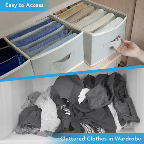 Three Pack Large Size Wardrobe Organizer with Six Large Grids Space Saving Stackable Closet Storage Bin in use in gray