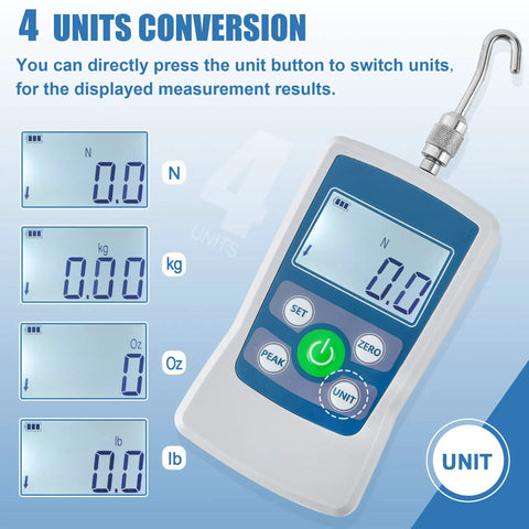 Digital Push Pull Force Gauge 500N With Real Time Peak And First Peak Modes Reads In N Lb Kg Oz With 0.1N Resolution Auto Shutoff 2 AAA Batteries Included Max Load 50Kg 110Lb 1800Oz Four Units Display For Precise Tension And Pull Tests. 4-unit display with unit switch button and hook