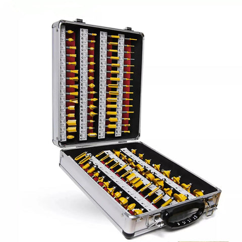 Quarter Inch Shank One Hundred Piece Set Tungsten Carbide Router Bits For Woodworking Milling Cutter Projects shown in a storage case.