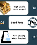 VINTEX 5-Pack Angle Stop Valve infographic showing brass material, lead-free, drinking-water standard