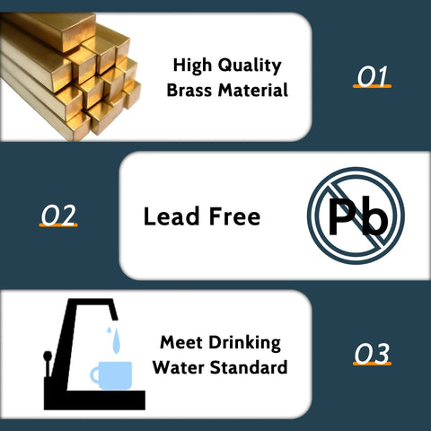 VINTEX 5-Pack Angle Stop Valve infographic showing brass material, lead-free, drinking-water standard